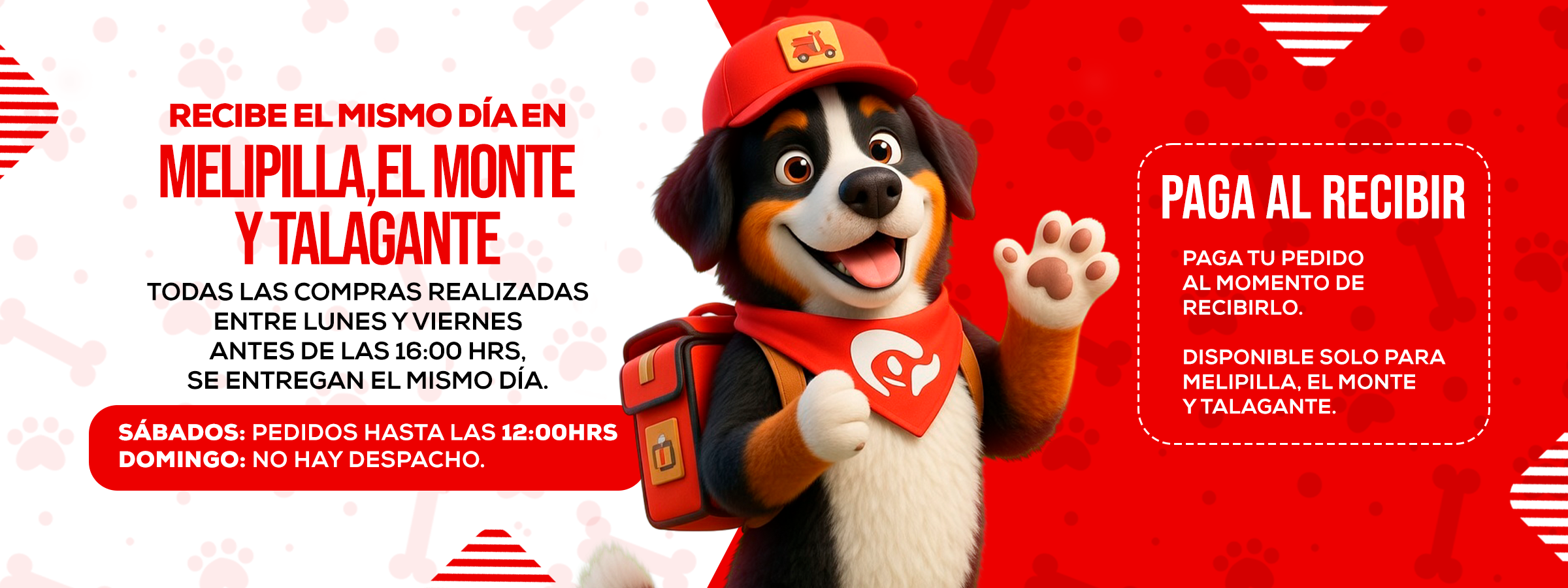 Banner informativo de envíos el mismo día y pago al recibir para compras en Melipilla, El Monte y Talagante, con despacho de lunes a sábado.